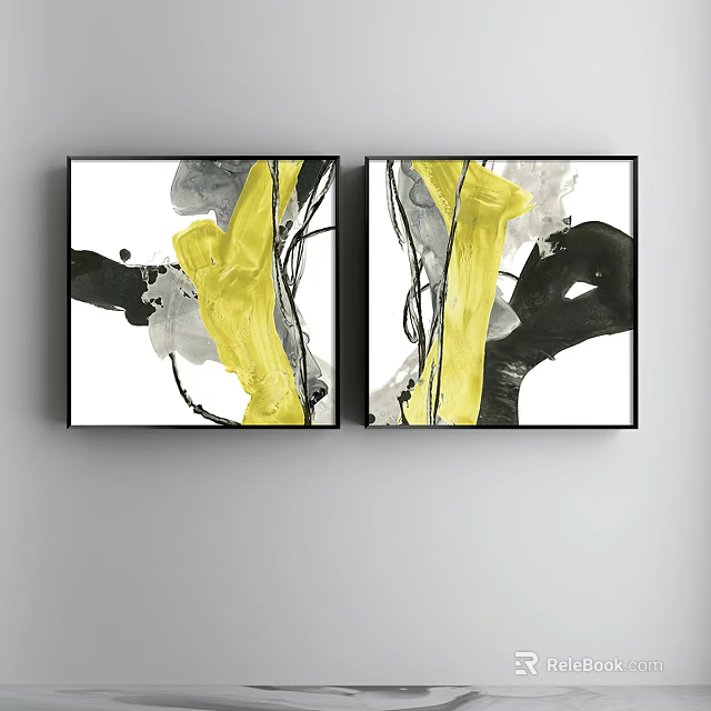 Two Panel Abstract Paintings In Black Frames With Yellow Black White Fluid Brushstrokes 3d model