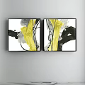 Two Panel Abstract Paintings In Black Frames With Yellow Black White Fluid Brushstrokes 3d model