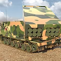 Military Camouflage Tank With Tracked Wheels And Rocket Launcher System In Desert Terrain