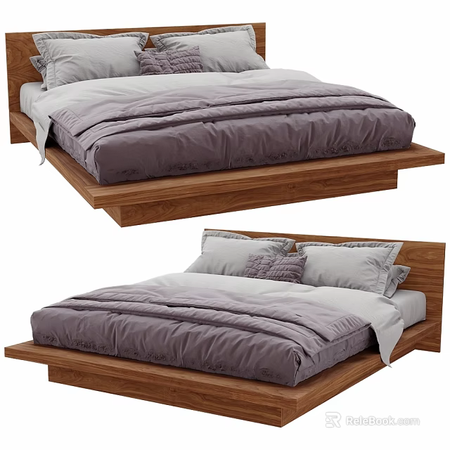 Modern Double Bed With Wooden Platform Frame And Light Gray Bedding 3d model