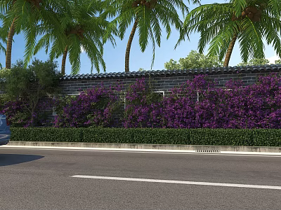 Landscaped Municipal Road With Palm Trees Purple Flowers Green Shrubs And Brick Wall 3d model