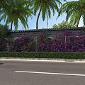 Landscaped Municipal Road With Palm Trees Purple Flowers Green Shrubs And Brick Wall