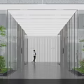 Modern Office Corridor Featuring Glass Partitions Green Plants Gray Flooring And Wavy Backdrop Wall