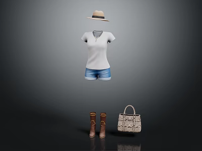 Stylish Women's Outfit With White T Shirt Blue Denim Shorts Brown Boots Hat And Handbag 3d model