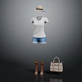 Stylish Women's Outfit With White T Shirt Blue Denim Shorts Brown Boots Hat And Handbag