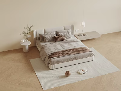 Modern Double Bed With Upholstered Headboard Plush Pillows And Beige Rug On Wooden Floor 3d model