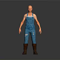 Elderly Man With Bald Head Wearing Blue Overalls With Ripped Holes And Brown Boots