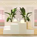 Modern Specialty Store Interior With White Curved Pillars Green Pink Shelves And Marble Floor