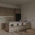 Modern Kitchen Interior With Wooden Cabinets Black Refrigerator Island Countertop And Bar Stools