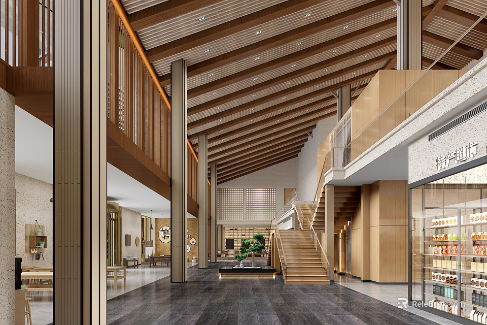 High Ceiling Natural Wood Hotel Lobby Front Reception Area With Bright Open Public Lounge 3d model 