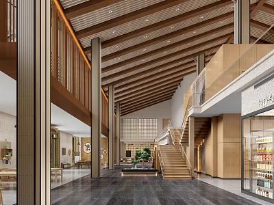 High Ceiling Natural Wood Hotel Lobby Front Reception Area With Bright Open Public Lounge 3d model