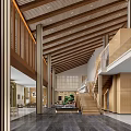 High Ceiling Natural Wood Hotel Lobby Front Reception Area With Bright Open Public Lounge