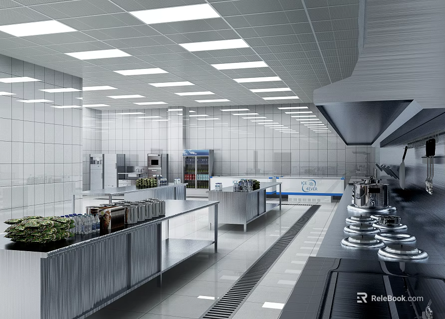Commercial Kitchen Interior With Stainless Steel Equipment Tile Walls And Ceiling Lighting 3d model 