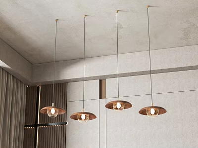 Four Modern Copper Pendant Lights Hanging From Ceiling In Minimalist Interior 3d model