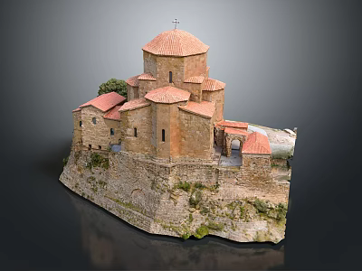 Ancient Stone Church With Red Domes Multiple Roofs Cross And Rocky Green Base 3d model