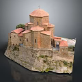 Ancient Stone Church With Red Domes Multiple Roofs Cross And Rocky Green Base