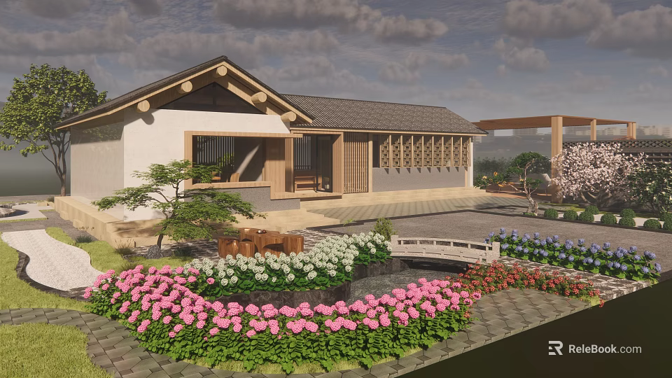 Rural Self Built House Exterior Design With Traditional Roof Garden Pond And Flowers 3d model 