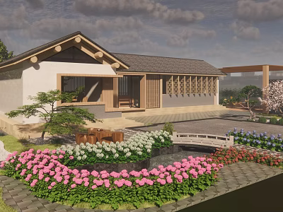 Rural Self Built House Exterior Design With Traditional Roof Garden Pond And Flowers 3d model