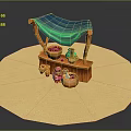 Wooden Market Stall With Blue Canopy Clay Pots Green Jug And Sandy Ground