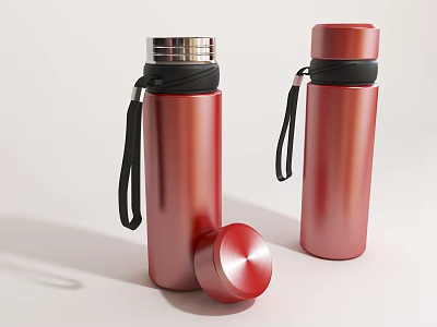 Red Vacuum Flask With Black Strap Two Units One Open Lid Placed Beside 3d model