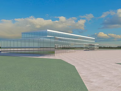 Modern Office Building With Glass Curtain Wall Blue Sky And Grass Lawn 3d model