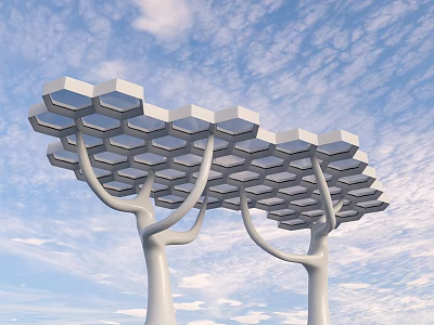 Modern Architectural Structure With Tree Like Columns And Hexagonal Honeycomb Roof Against Blue Sky Background 3d model