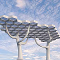 Modern Architectural Structure With Tree Like Columns And Hexagonal Honeycomb Roof Against Blue Sky Background