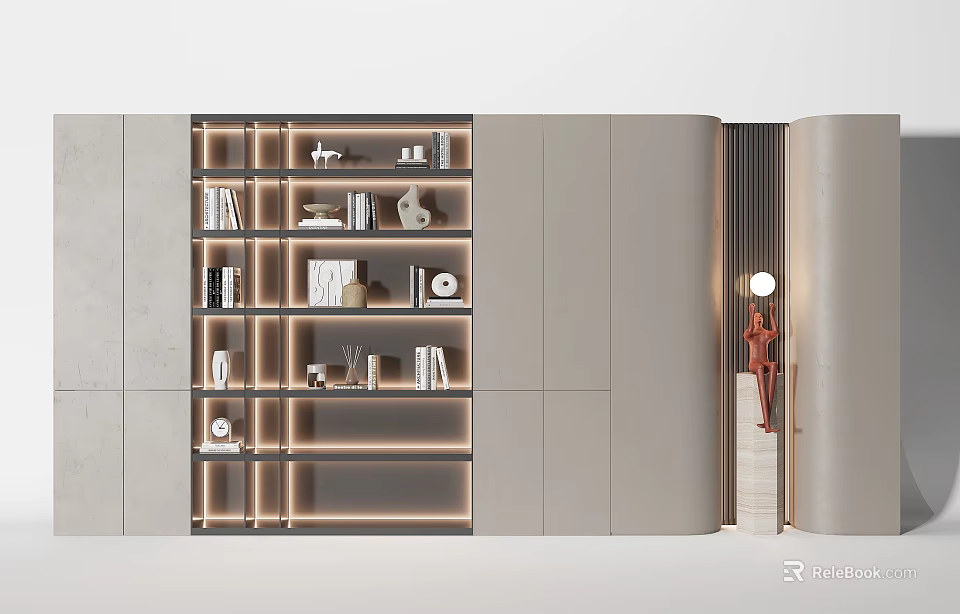 Modern Decorative Cabinet With Layered Shelves And Decorative Items In Living Room 3d model 