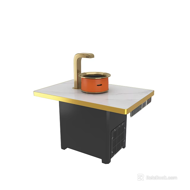 Hotpot Restaurant Modern Square Table With Orange Pot And Golden Faucet 3d model 