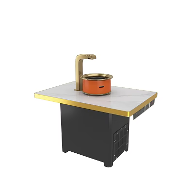 Hotpot Restaurant Modern Square Table With Orange Pot And Golden Faucet 3d model