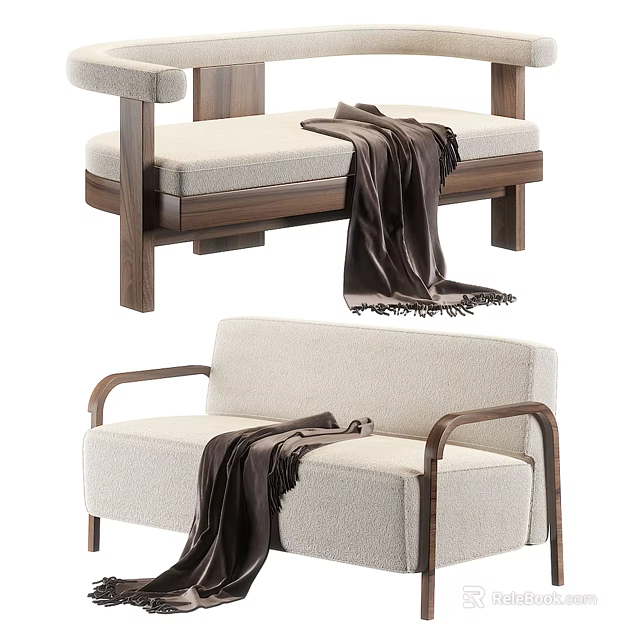 Modern Sectional Sofa With Beige Fabric And Wooden Armrests Decorated With Throw Blanket 3d model 