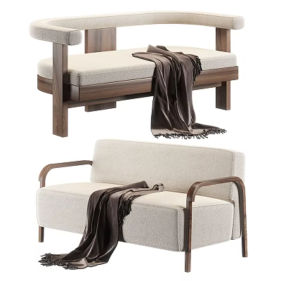 Modern Sectional Sofa With Beige Fabric And Wooden Armrests Decorated With Throw Blanket 3d model