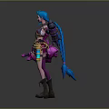Detailed Colorful 3D Female Character With Blue Hair Purple Pink Outfit And Mechanical Weapon