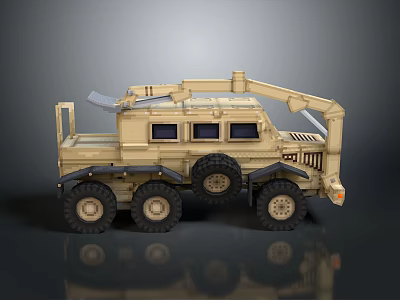 Tan Military Tank With Six Wheels Top Mechanical Arm And Windows 3d model