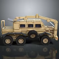 Tan Military Tank With Six Wheels Top Mechanical Arm And Windows