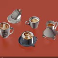Assorted Coffee Drinks In Cups With Latte Art On Red Background With Saucers And Tray