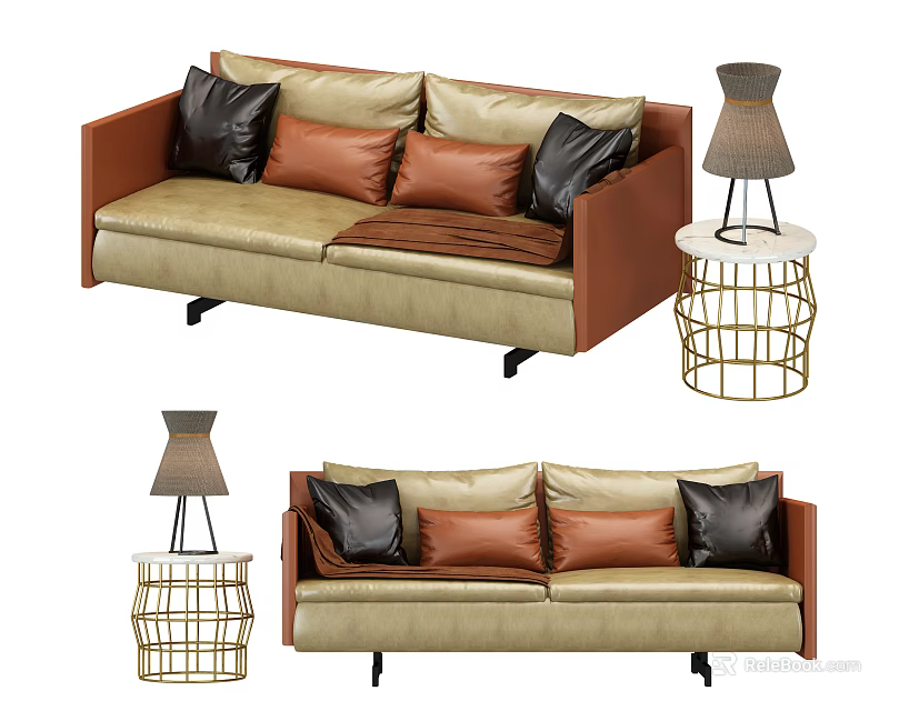 Beige Brown Double Sofa With Black Pillows Gold Frame Side Table And Gray Lamp 3d model