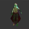 Female Character With Red Hair Veil Crimson Black Outfit Gauzy Skirt Red Boots Gray Background
