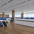 Modern Public Office Space Featuring Open Layout Workstations Computers Wooden Flooring And Large Windows 3d model