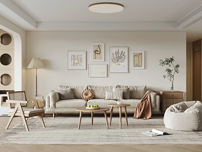 Modern Living Room Interior With Beige Sofa Decorative Paintings Floor Lamp And Wooden Coffee Tables 3d model
