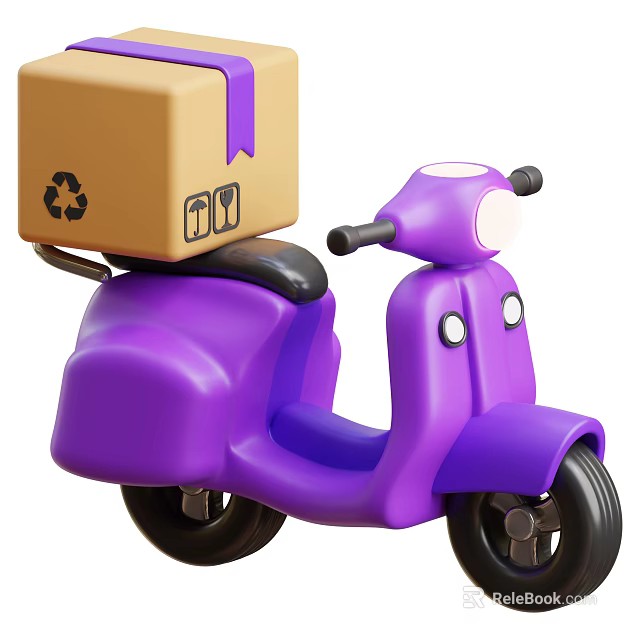Purple Scooter Motorcycle Carrying Brown Box With Recycle Fragile Signs And Purple Ribbon 3d model 