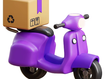 Purple Scooter Motorcycle Carrying Brown Box With Recycle Fragile Signs And Purple Ribbon 3d model