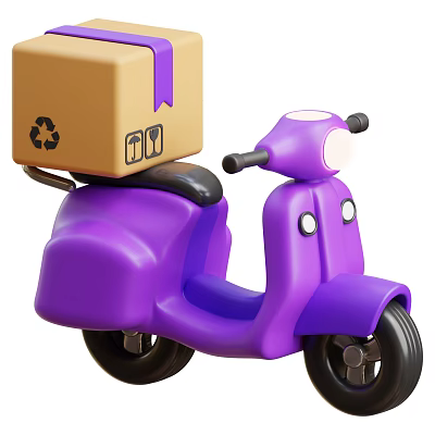 Purple Scooter Motorcycle Carrying Brown Box With Recycle Fragile Signs And Purple Ribbon 3d model