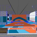 Vibrant Under Bridge Park Landscape With Colorful Wavy Ground Skateboarders Cheering Family And Striped Pillars
