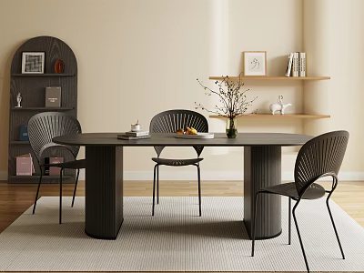 Modern Dark Wood Dining Table Set with Four Chairs Flower Vase Light Wall Wooden Floor 3d model