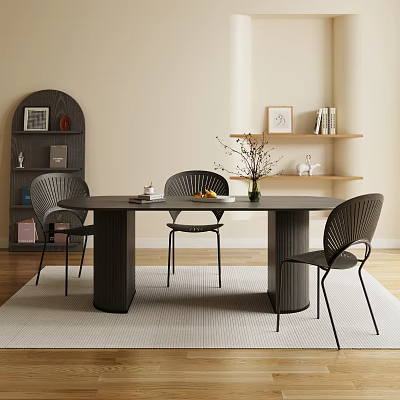 Modern Dark Wood Dining Table Set with Four Chairs Flower Vase Light Wall Wooden Floor 3d model