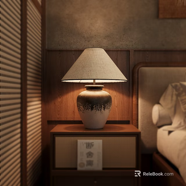 Cozy Bedroom Table Lamp With Ceramic Base And Linen Shade On Wooden Wall Background 3d model 