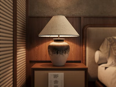 Cozy Bedroom Table Lamp With Ceramic Base And Linen Shade On Wooden Wall Background 3d model