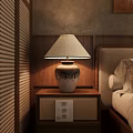 Cozy Bedroom Table Lamp With Ceramic Base And Linen Shade On Wooden Wall Background