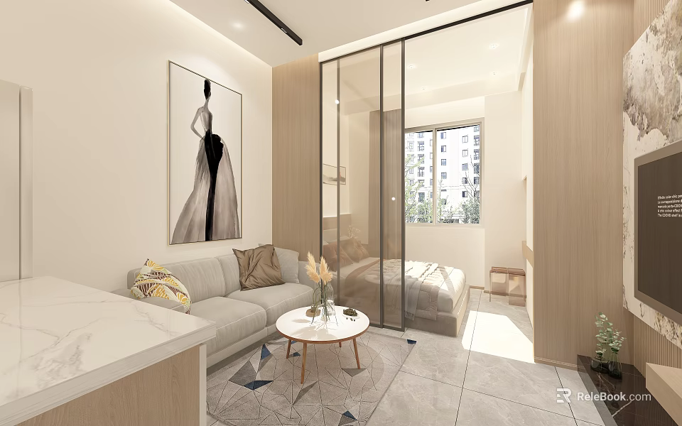 Modern Minimalist Apartment Interior With Sofa Round Table And Glass Partition 3d model